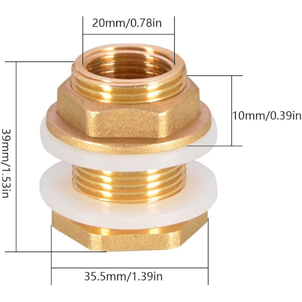 Et sæt med 2 3/4 messing tank vandforbindelse adapter hane regn b
