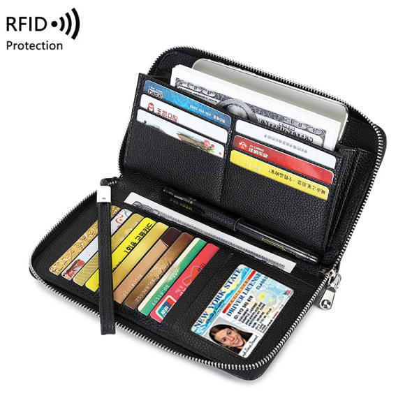 Kvinnors RFID-blockerande plånbok Läderdragkedja Mobiltelefon Clutch Lar