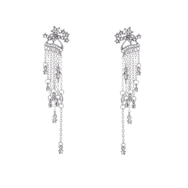 1 stk. Unikke Sølv Øreringe - Stjerner med Kæder & Hvide Rhinestone