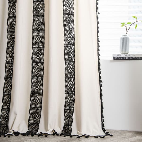 Boho-stil sorte stribede gardiner med kvast bomuld/linned