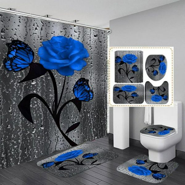 4PCS 3D regndråpe rose dusjforheng, stoffduk polyeste