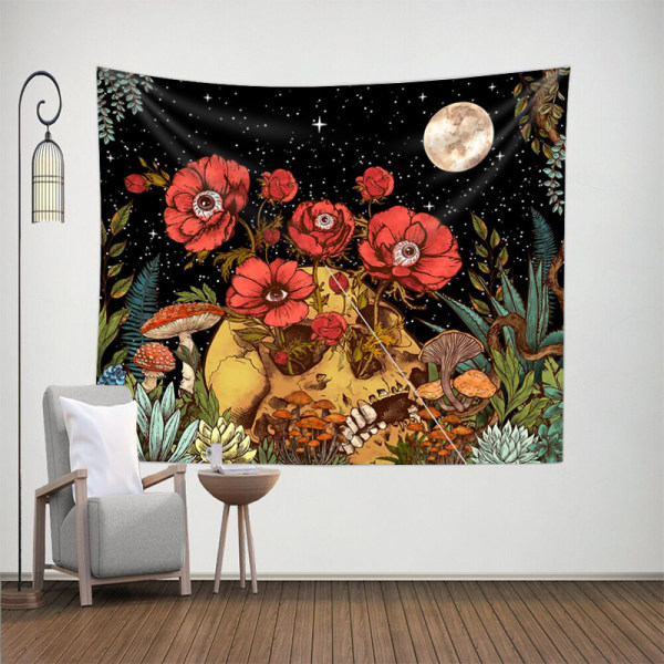 Dödskalle Blommig Gobeläng, Trippy Svampskelett Goth Trädgård Aesth