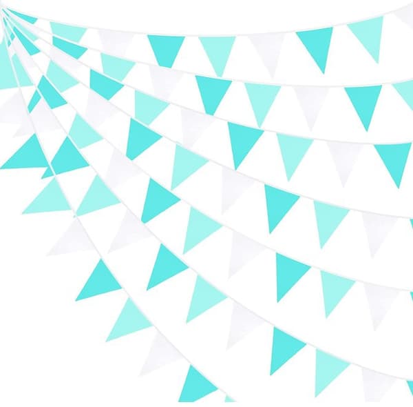 (Tiffany Blue + Light Blue + White) 36ft Cotton Triangular Pennan