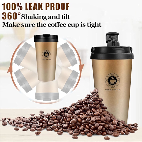 500ML Isolerad Mugg, Kaffemugg, Rostfri Stål Kaffe Termos med Dubbelväggsisolering Lock Bil, Läcksäker Te Kopp & Espresso Mugg för Resor Kontor