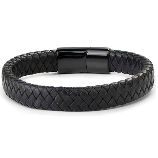 Flettet læderarmbånd til mænd, rustfrit stål magnetisk spænde C