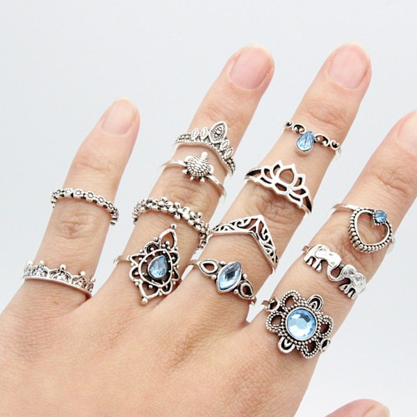 13-pack Boho Silver Rings - Blå Rhinestones, Hjärta & Elefant Si