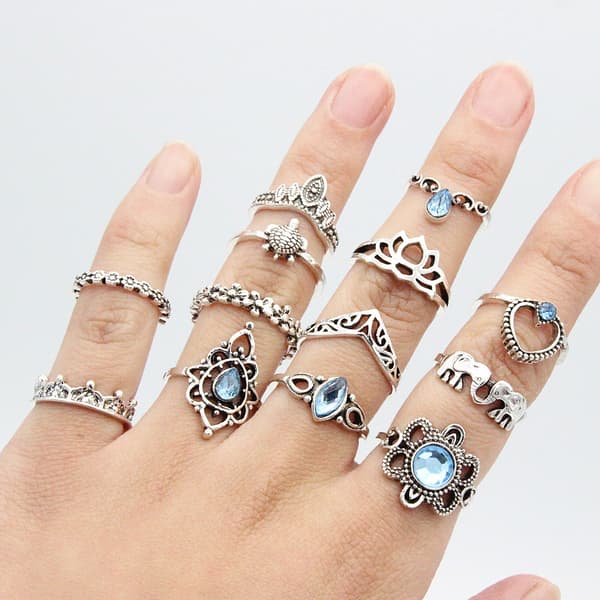 13-pak Boho Sølvringer - Blå Rhinestones, Hjerte & Elefant Si