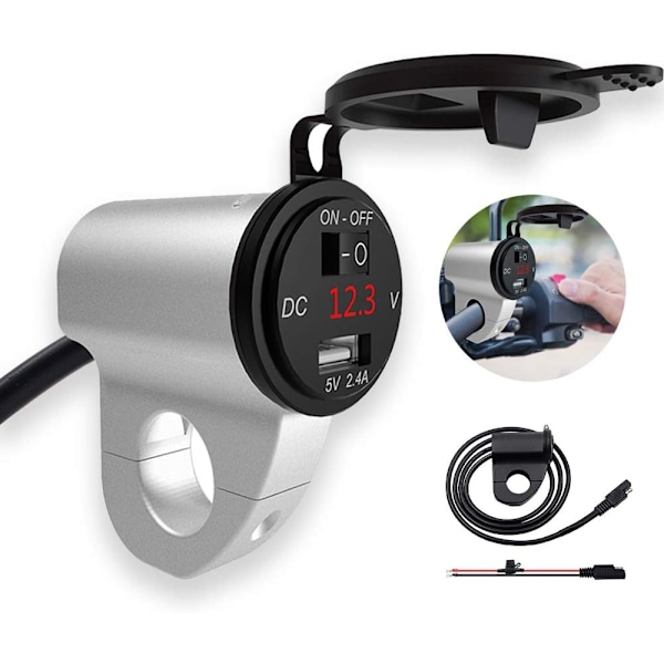 Motorcykel Mobilladdare med Voltmeter och Säkring, Vattentät Motorcykel USB-uttag Laddare med Strömbrytare, för 2,2 cm Diameter Motorcykelstyre