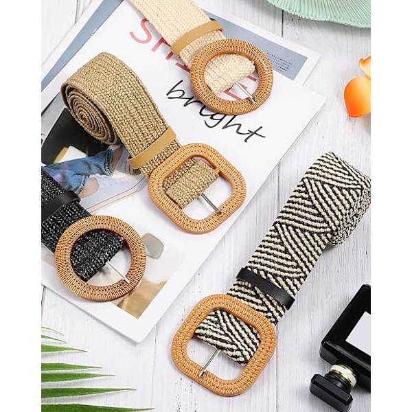 4-pack Halmvävda Elastiska Stretch Midjeband Kvinnor Tunn Klänning