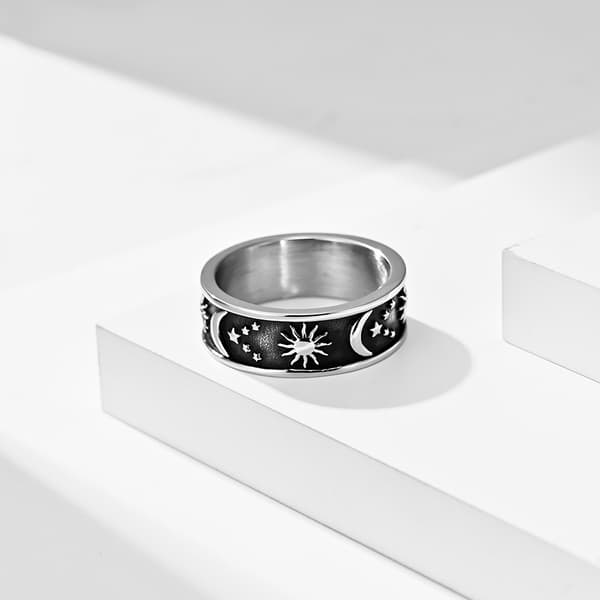 8mm Måne Stjerne Sol Statement Ring Rustfritt Stål Boho Smykker for