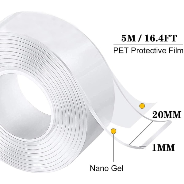 5M super dobbeltsidig tape, gjennomsiktig vaskbar tynn na