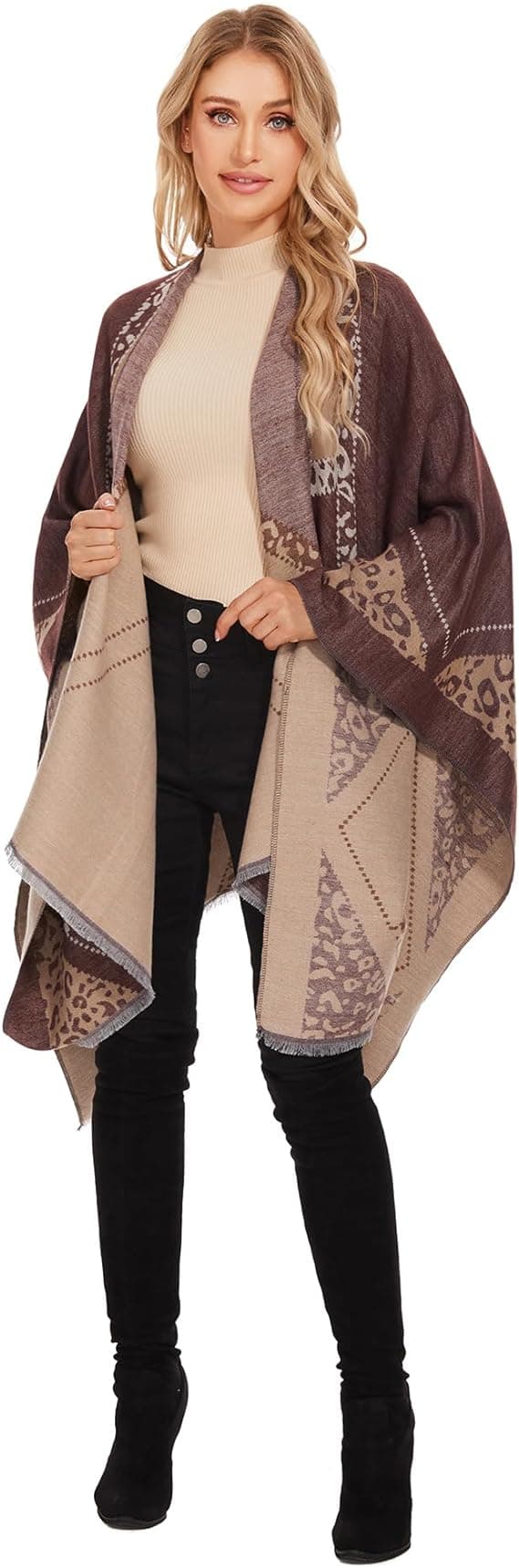 1PC Brun Poncho för Kvinnor - Stor Stickad Vinterhalsduk - Tjock a