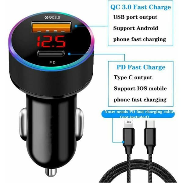 Biloplader USB C PD & QC3.0 Hurtig Biloplader USB A Cigarettænderadapter til Telefon, Tablet