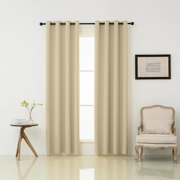 Sæt med 2 isolerede mørklægningsgardiner, gardiner med øjer, til stue og soveværelse, 140x175 cm (beige)
