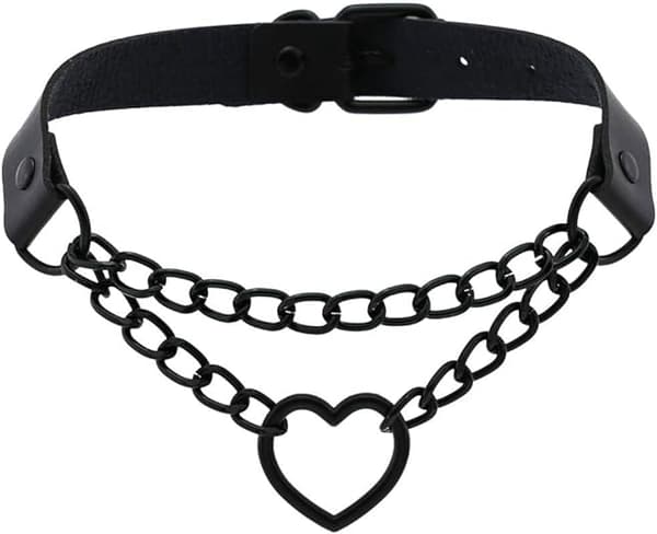 PU Mock Leather Sort Gotisk Punk Hjerte Ring Cubansk Curb Kæde Adj