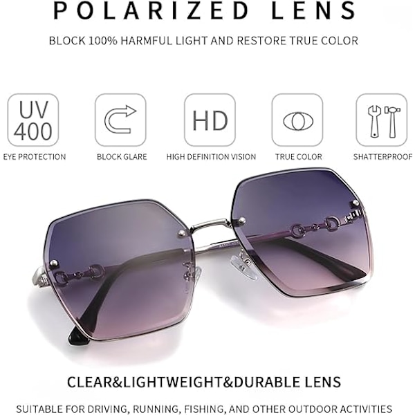 Rimless solbriller til kvinder, oversize polariserede solbriller, mode