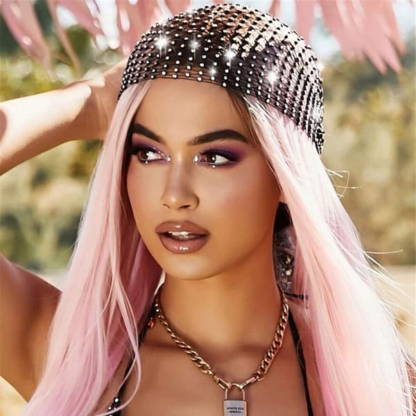 Mesh Rhinestone Hodebånd med Svart Glitter Bredt Hårbånd Elastisk
