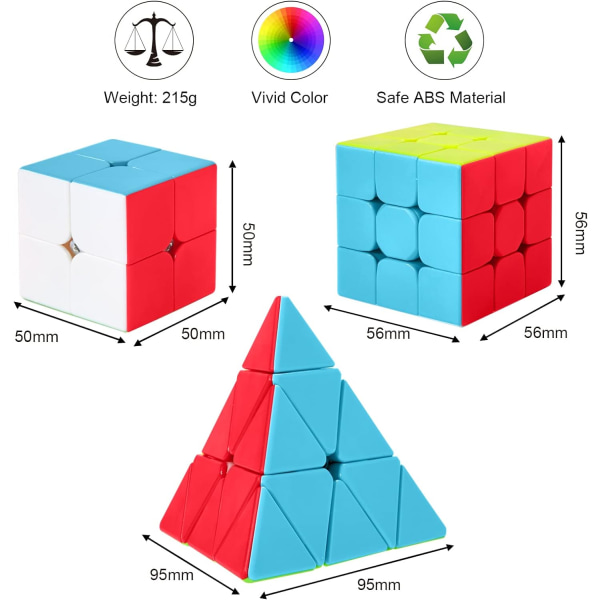 Magic Cube Set, Speed ​​​​Cube Set med 2x2x2 3x3x3 Pyramid Stickerle