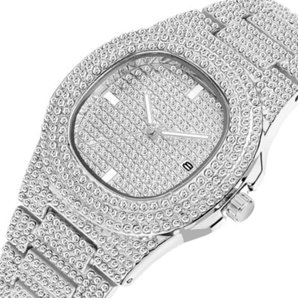 Unisex Luxury Full Diamond Watch Sølv Gull Mote Quartz Analo