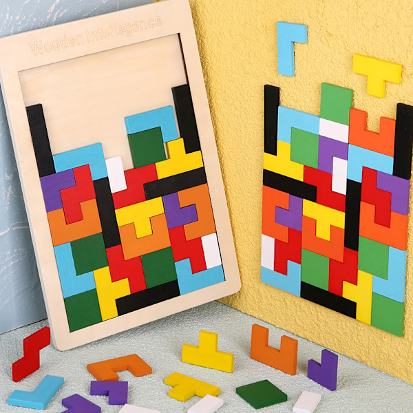 Träblock Pussel Hjärngympa Leksak Tangram Pussel Intelligens