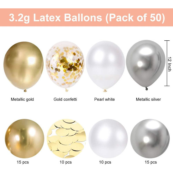 Ballong Guld Silver Vit Helium Ballonger 50 Stycken 30cm Guld Kon