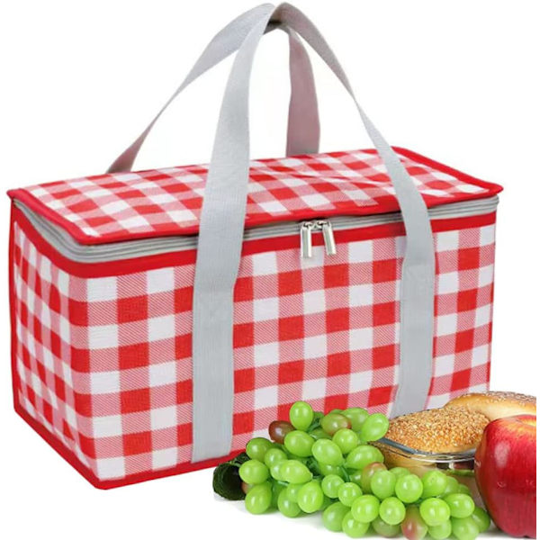 Punainen ja valkoinen ruudullinen - 35x20x20 cm - Eristävä piknik-kassit - Jääkaappi - Uusiokäyttöinen