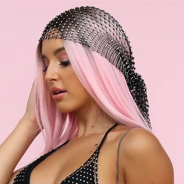 Mesh Rhinestone Hodebånd med Svart Glitter Bredt Hårbånd Elastisk