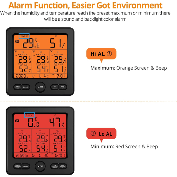 Trådløs vejrstation, termometer med 3 udendørs sensorer, ind