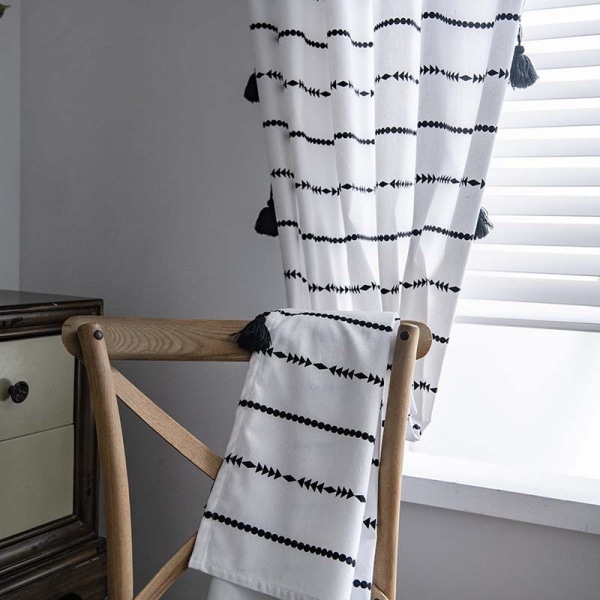 Boho-stil sorte stribede gardiner med kvast bomuld/linned