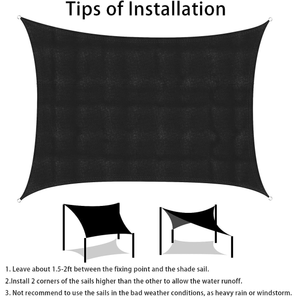 Rektangulär skärmsegel 2x4m svart, vattentät markis UV-skydd