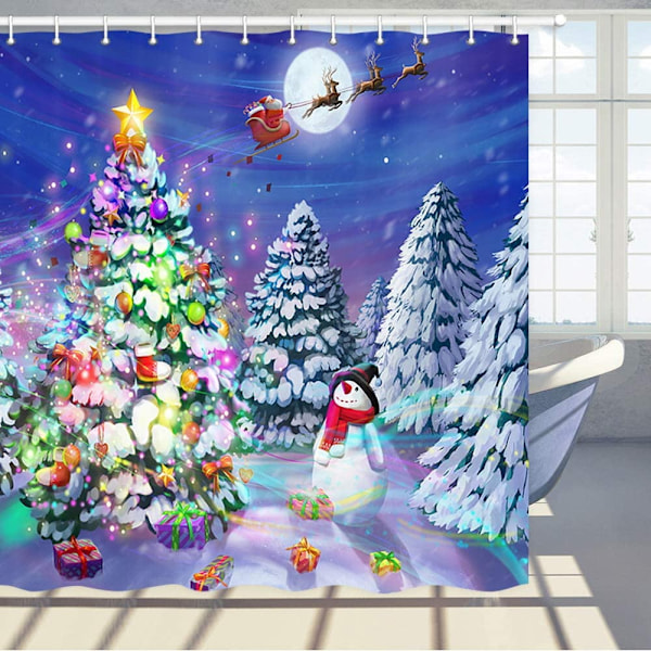Julebruseforhæng, Juletræ Vinter Snemand Stof Bruseforhæng, Julemand Rensdyr Badeværelsesforhæng med Kroge 180 cm B x 180 cm L