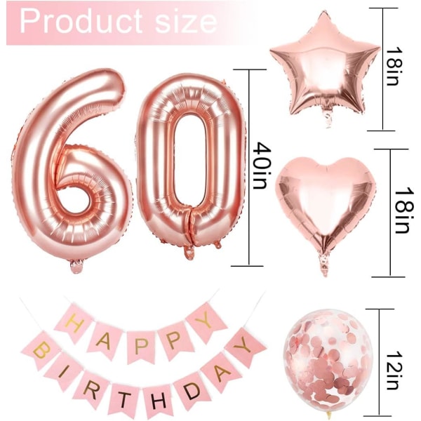 60-födelsedagsflickballong, roséguld 60-ballong, 60-årig ros