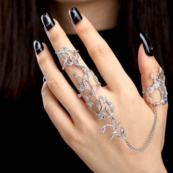 Finger Ring Hand Chain Silver Knuckle Ring Armband Punk Leaf Fu