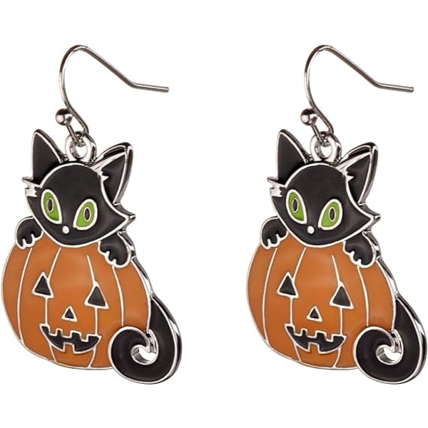 Halloween Orange Pumpkin Black Kitty Cat  Dangle Øreringe