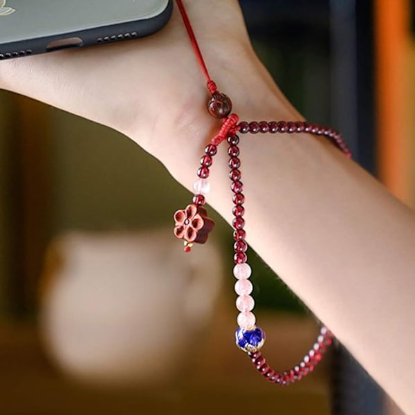 Mobiltelefon Lanyard Rem Strop Naturlig Granat Charm Håndleddsrem