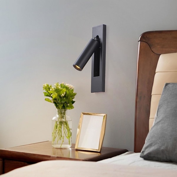 LED Læselampe til Soveværelse, 350° Rotation, 90° Foldbar, 3W Varmt Lys (Sort)