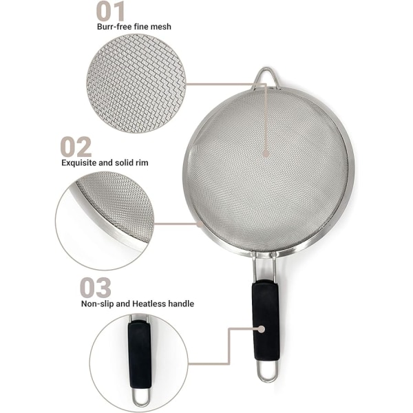 3 ruostumattomasta teräksestä valmistettua hienosilmäistä siivilää, porrastetut koot 3,38\", 5,5\"
