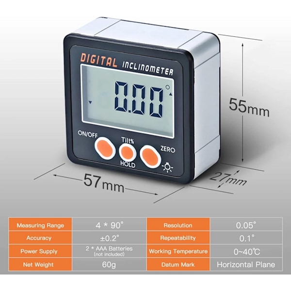 Digitalt hældningsmåler, måleområde 4x90°, digitalt klinometer, hældning