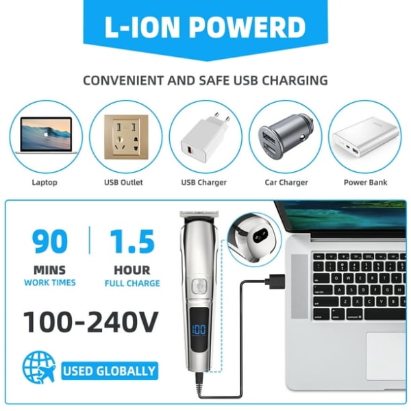 16 in 1 hiustenleikkurit, IPX7 vedenpitävä hiusten ja parran trimmeri USB Rec