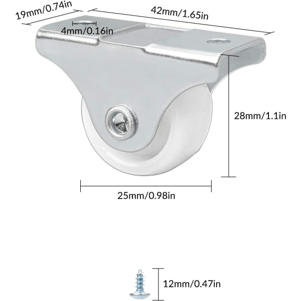 Sett med 25mm Mini Gummi og Plast Hjulsett i en Metall Svivel