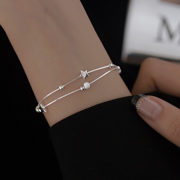 Mote stjernersølvbelagt armbånd med anheng og perlekjede, justerbar