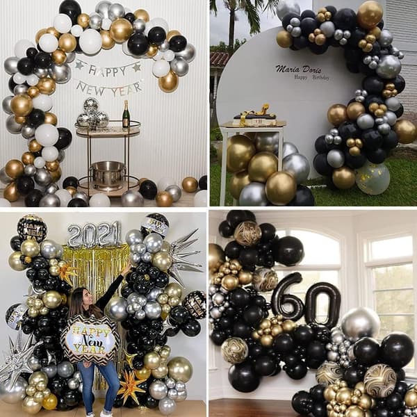 Sort guld sølv ballonbue sæt, fest dekoration sort guld b