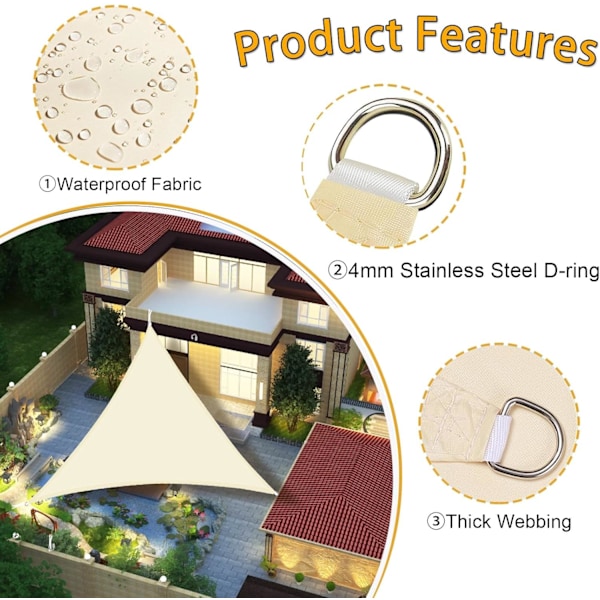 Solsejl, UV-beskyttelse, solbeskyttelse, let at installere, (4,5mx4,5mx4,5m, beige)