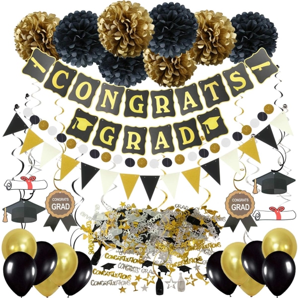 Eksamensdekorasjoner, svart og gull Gratulerer Grad Bannere Tiss