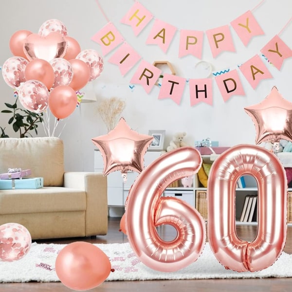 60-födelsedagsflickballong, roséguld 60-ballong, 60-årig ros