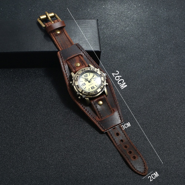 Unisex Punk Retro Bronze Rund Dial Brun Bred Læder Rem Strop