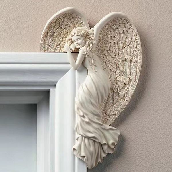 Dørkarm engel ornament med vinger, retro harpikshåndverk for hjemmet