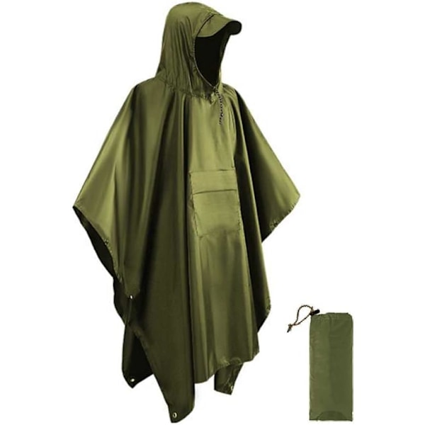 Regnponcho med hætte - Army Grøn - Regnponchoer, Vandafvisende Regnjakke