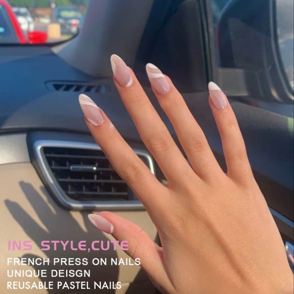 Mid-Length Almond Press Nail Design, Nude White Striped Acrylic N