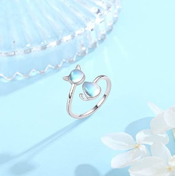 Katt Ring 925 Sterling Silver Månsstensring Öppen Djurring Lycka